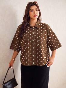 Elaquor Plus Size Polka Dot Print Denim Top - Brown - View 4