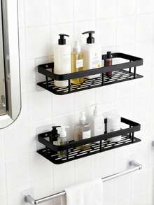 2 PcsLarge Capacity Wall Mounted Shower Caddy | No Drilling Installation, Space Saving, Easy To Install | Bathroom And Kitchen Floating Storage Rack For Toiletries, Cosmetics And Miscellaneous Items [Space Saving | No Drilling Required] - Black - View 4