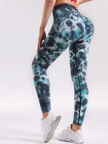 SHEIN Sports 紮染印花高腰無縫運動緊身褲 - 橄欖綠 - 查看 3