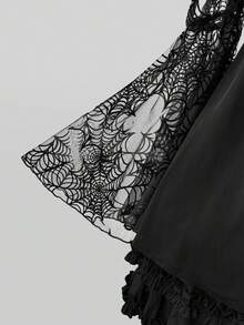 Sunspun Halloween Plus Size Chiffon V-Neck Cinched Waist Flared Sleeve Spider Web Blouse Dark Style - Black - View 5