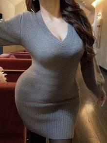 Vibekara Autumn/Winter Minimalist Deep V-Neck Lantern Sleeve Fitted Cinched Waist Short Knit Dress - Grey - View 3