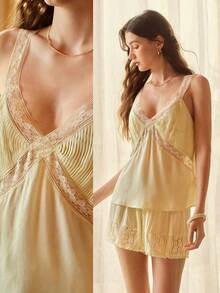 MOTF PREMIUM WOMEN'S COTTON CROCHET PATCHWORK CAMISOLE AND SHORTS PAJAMA SET, SPRING/SUMMER - Yellow - View 8
