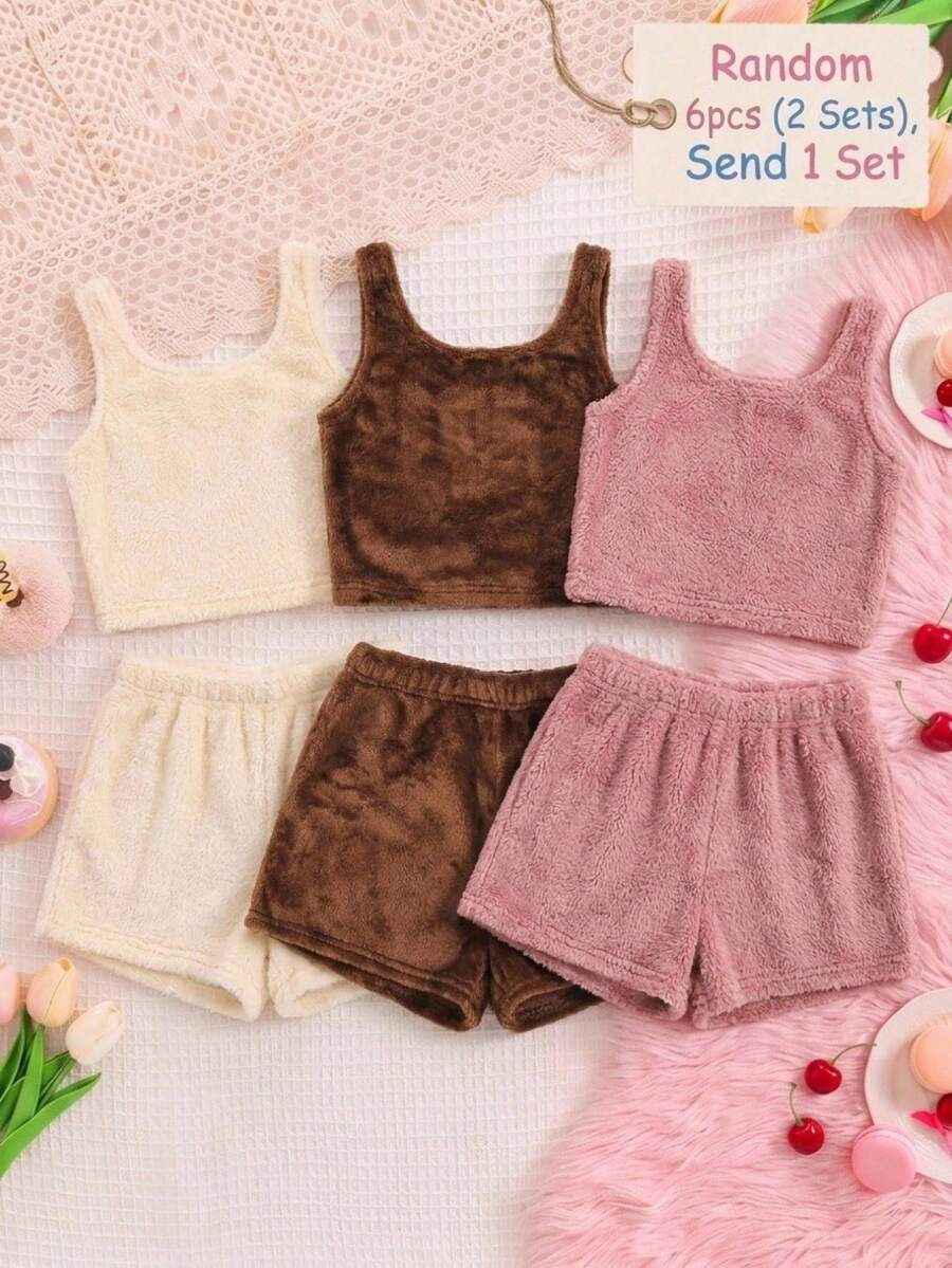 SHEIN Tween女孩休閒居家服雙面法蘭絨抓絨背心與短褲套裝,2件套,灰粉色,秋冬穿搭,隨機發送2件 - 藕粉色 - 查看 1