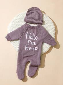 SHEIN 2件組 Hello I'm Here 趣味圖案刺繡新生兒攝影套裝 針織海軍藍連身褲連身衣與帽子 嬰兒拍照秋季道具 - 紫色 - 查看 9