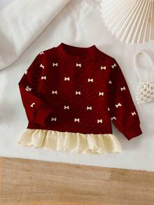 SHEIN Vintaside Kids 女嬰時尚刺繡荷葉邊印花運動衫 秋季 - 酒紅色 - 查看 9