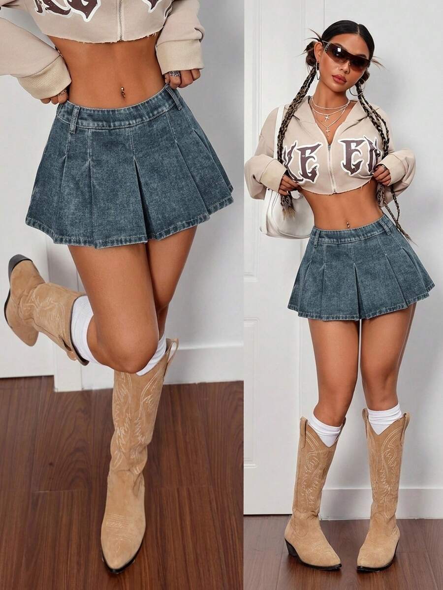 SHEIN PETITE 女款百褶休閒 90 年代風 Y2K 百搭日常牛仔迷你裙 夏季外出穿搭 牛仔藍 - 深色水洗藍 - 查看 1