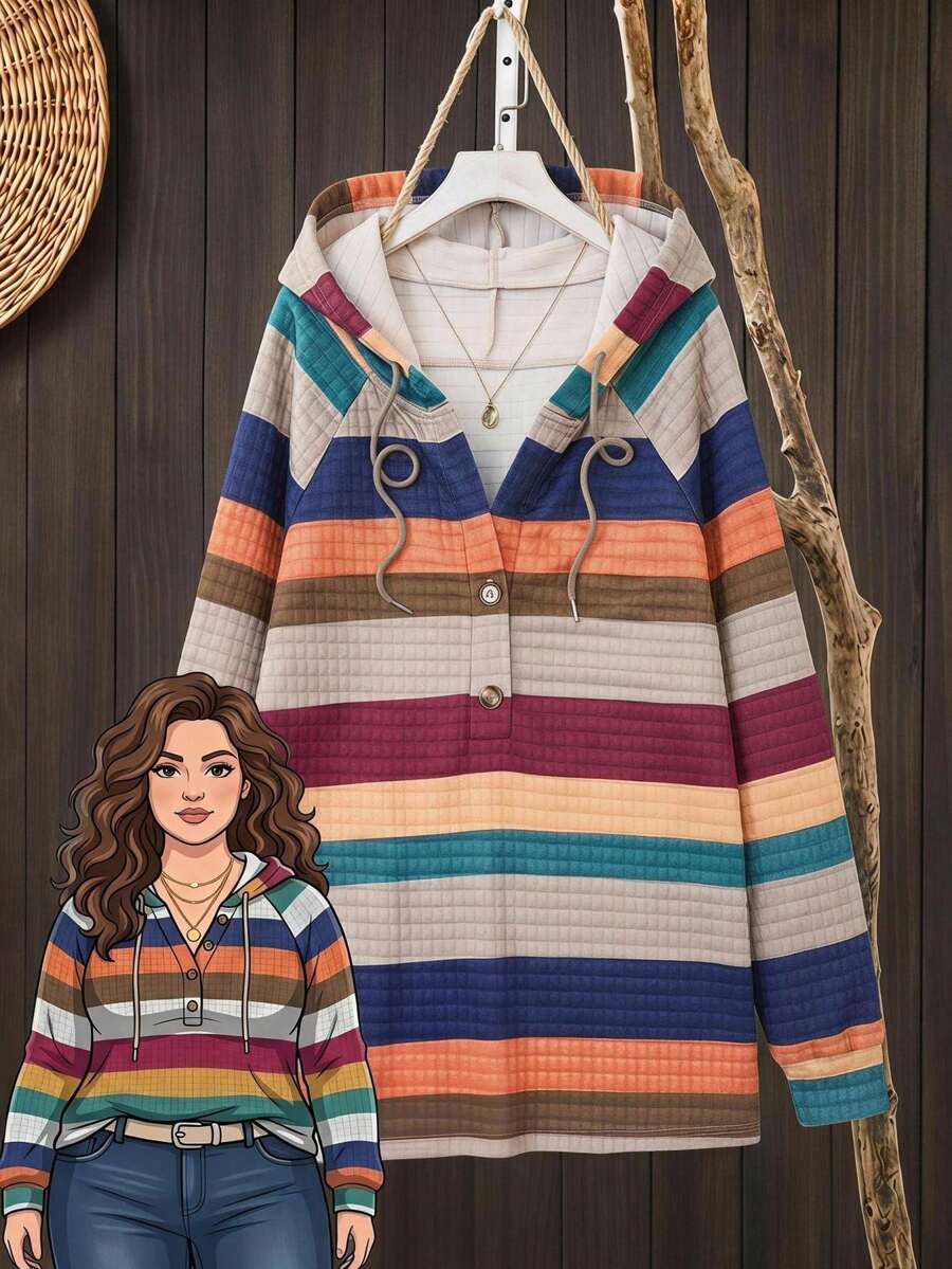 Rusticease Plus Size Textured Striped Colorblock Button Half-Zip Hooded Sweatshirt - Multicolor - View 1