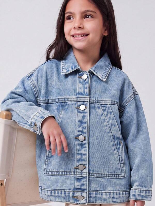 Maija Kids Maija Kids Áo khoác denim dài tay cổ bẻ màu xanh dương phong cách Y2K cho bé gái, trang phục thường ngày thoải mái cho mùa thu, mùa đông, đi nghỉ mát, phong cách thường ngày và thời trang.