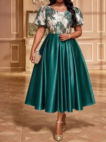 Fleurora Plus Size Elegant Celestial Party Dinner Christening Guest Evening Formal Jacquard Patchwork Dress Teal Summer Wedding - Dark Green - View 3