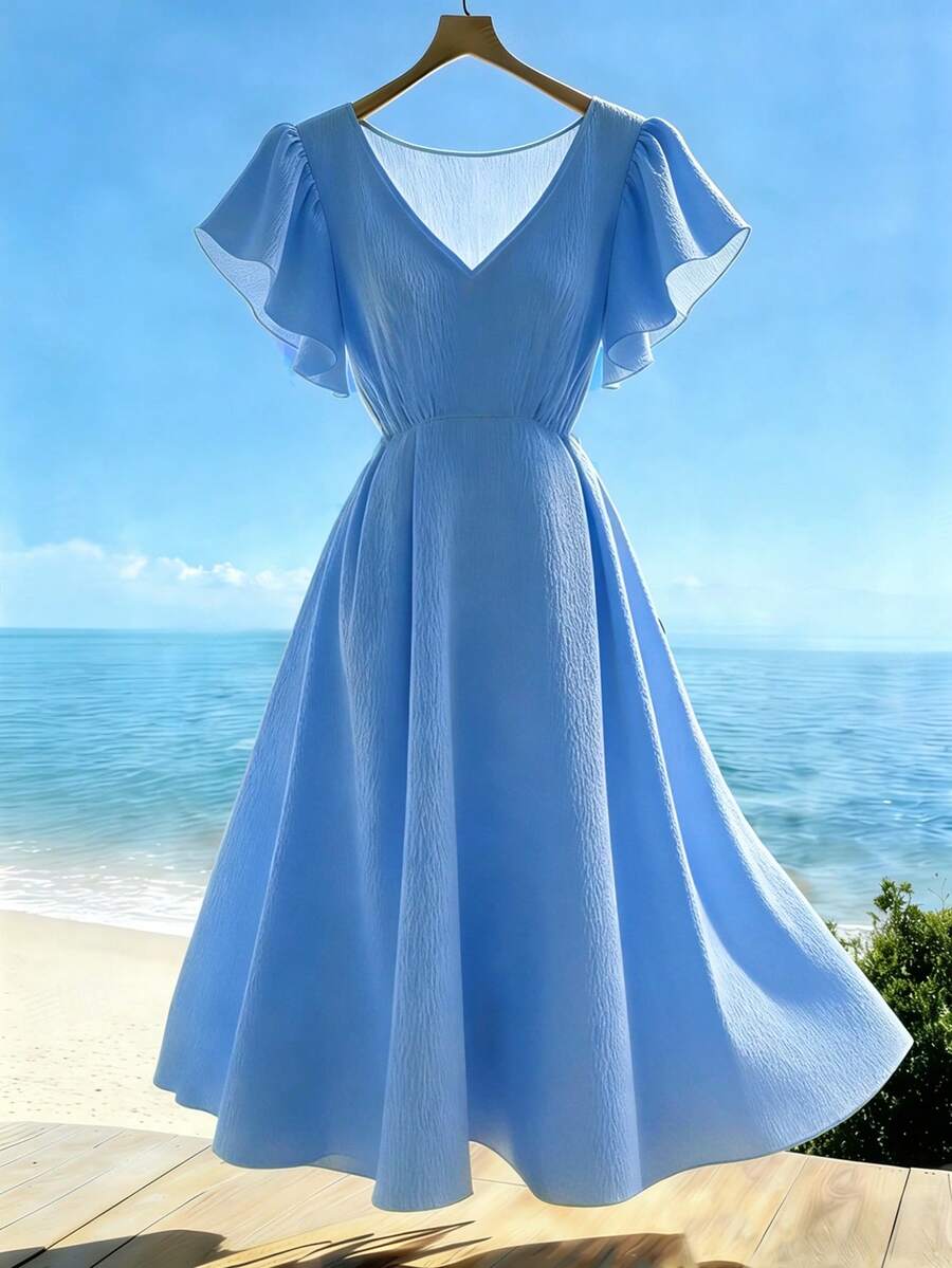 Franclia 女士V领荷叶袖收腰褶裥喇叭连衣裙,休闲度假风,浅黄色,春夏款 - 淺藍色 - 查看 1