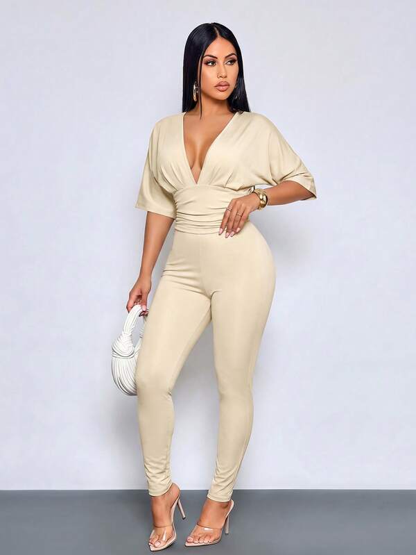 SOLERSUN Deep V-Neck, Gathered Waist, Mid-Sleeve Top, And Fitted Trousers Two Pieces Set