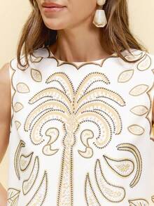 CAJUNI x Carol Peixinho Beige Woven Fabric Round Neck Sleeveless Crop Top With Intricate Print For Women - Beige - View 9
