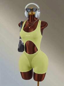 Amplova Solid Color Backless Fitted Sports Romper - Yellow - View 3
