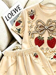 SHEIN Women's Round Neck Faux Pearl Decorated Short Sleeve T-Shirt And Shorts Casual Daily Set - Multicolor - View 3