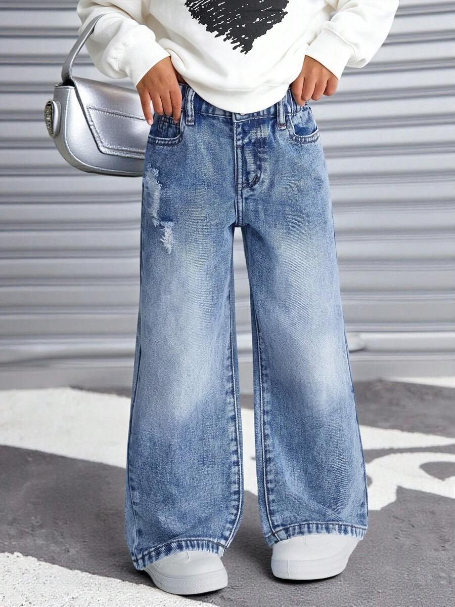 Jeans de mezclilla rectos con efecto desgastado y rotos, versátiles y casuales para niñas - Lavado ligero - Ver 1