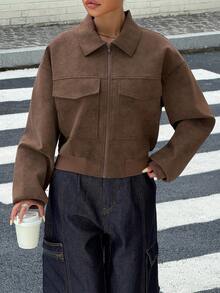 DAZY Women's Street Retro Pocket Zipper Long Sleeve Jacket Y2K Fall - Coffee Brown - View 3