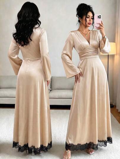 SHEIN Raffinéa Women's French Luxury Champagne Satin Elegant Mature V-Neck Long Sleeve Dress, Black Lace Hem Design Versatile Atmosphere Dress Wedding Dinner Autumn