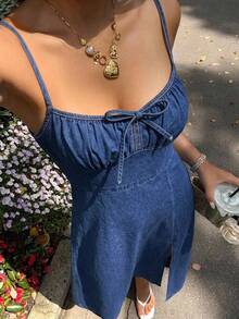 Serisse 女款蝴蝶結裝飾開衩設計休閒日常外出牛仔吊帶裙 夏季女裙 優雅女裙 生日女裙 - 深色水洗藍 - 查看 5