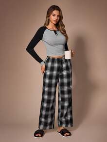 Lazeform Contrast Color Raglan Sleeve Henley Neck Pajama Set, Classic Plaid Home Wear 2 Pieces Set - Black - View 5