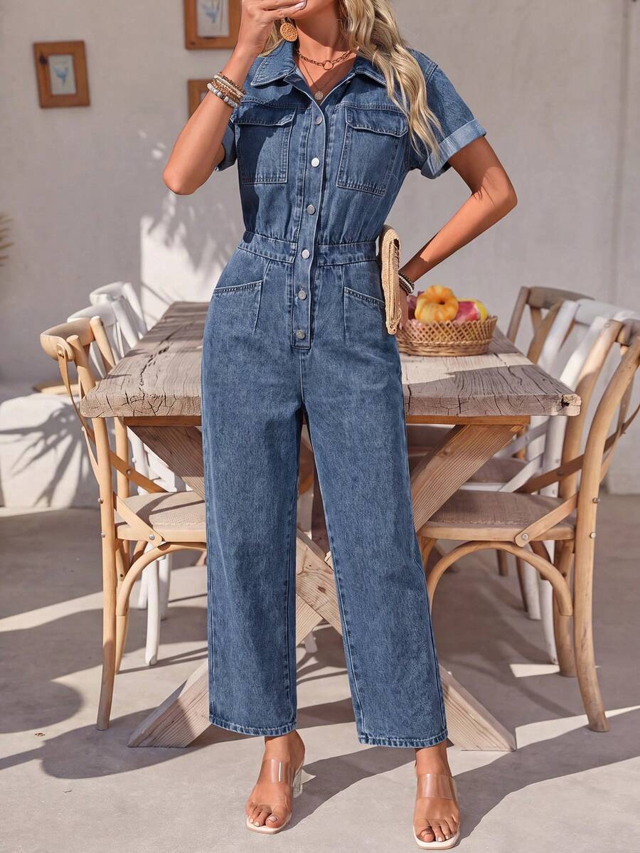 EMERY ROSE Jumpsuit Denim Kasual Wanita dengan Saku untuk Pemakaian Sehari-hari - Biru - View 1