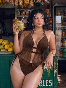 Swim Vcay Conjunto de traje de baño de playa para mujer con cuello halter, color liso, cordón lateral con lazo, talla grande, primavera/verano (accesorios aleatorios) - Café integral - Ver 3