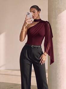 Structelle Women's Spring/Summer Sleeveless Hollow Out Solid Color Chiffon Burgundy Minimalist Sexy Elegant Tank Top, Suitable For Commute, Party Dinner Date - Burgundy - View 3
