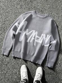 Manfinity CasualKnits 男士字母圖案休閒日常長袖針織衫 - 淺灰色 - 查看 1