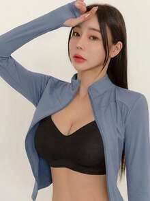 DAZY 女款純色彈性小立領修身長袖夾克，運動休閒風，春秋款 - 藍色 - 查看 5