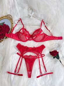 Seduluxe Women's Sexy Lace Lingerie Set 4pcs - Red - View 3