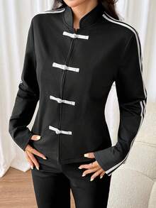SHEIN PETITE Jaket Wanita Model Baru dengan Kancing Katak Model Pas Badan Gaya Cina - Navy Blue - View 3