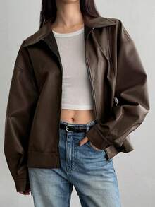 DAZY 宽松休闲翻领拉链摩托车仿皮夹克，长袖超大款女式外套 - 巧克力棕 - 查看 1