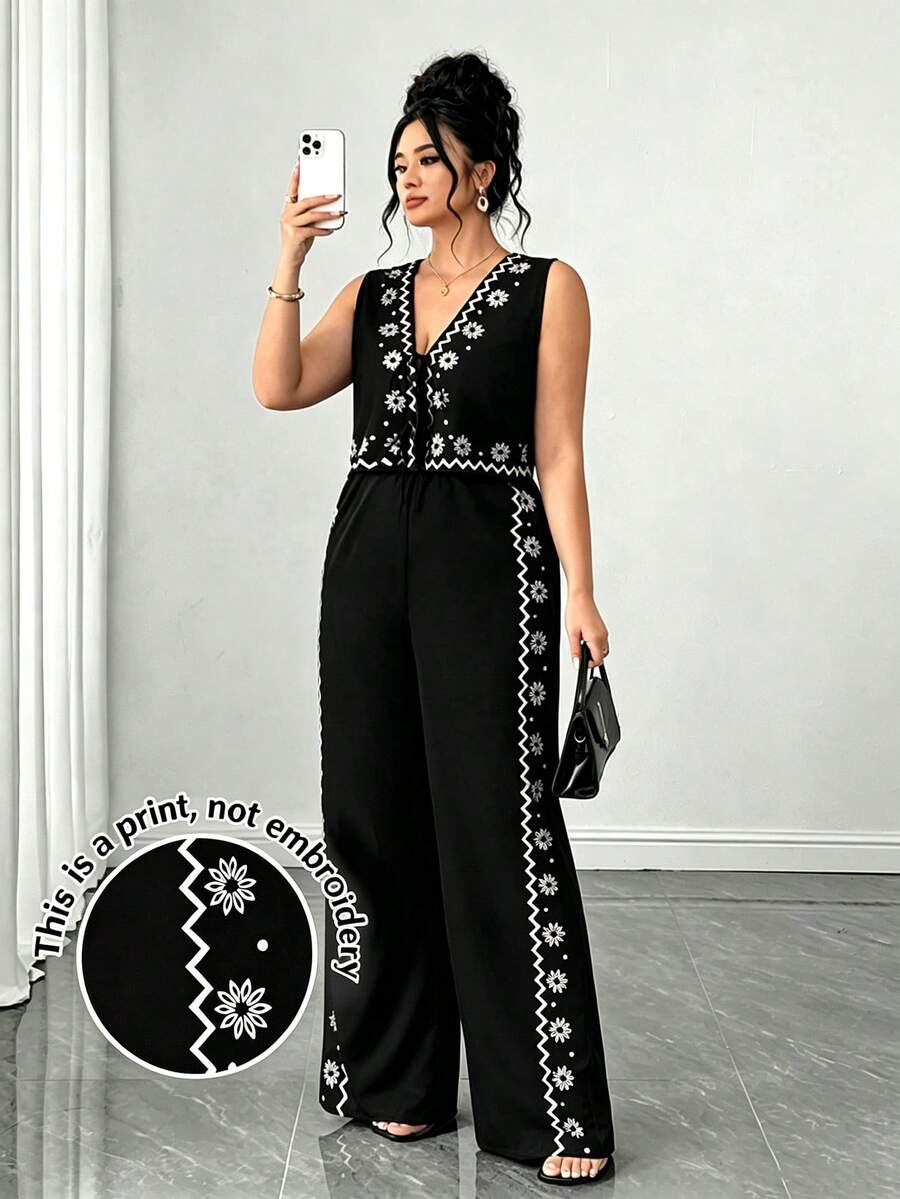 SHEIN Tall CURVE 大码印花系带背心和裤子两件套 - 黑色 - 查看 1