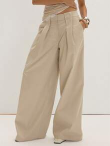 MUSEYN Beige Woven Loose Fitting Oversized Wide Leg Belt Loop Detail Suit Trousers Structured Tailored Everyday Office Fall New Season - Light Grey - View 2