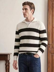 Manfinity Homme 男士復古拼色條紋長袖半拉鍊針織衫，適合假日節慶、秋季街頭風與冬季穿著 - 白色 - 查看 4