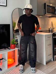 Harrin Don Harrin Don 1pc Men's Distressed Wide Leg Jeans, American Vintage Ripped High Street Casual Loose Long Pants (Product Does Not Include Belt And Accessories) - Black - View 3