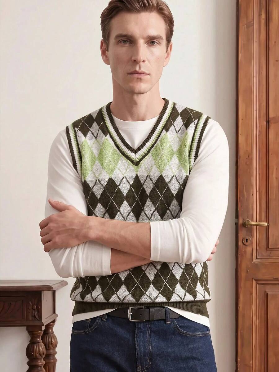 Chillumni Men's Diamond Pattern V-Neck Casual Knit Vest - Olive Green - View 1