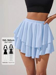 SHEIN PETITE 高腰層次下擺荷葉邊裙 - 淺藍色 - 查看 6