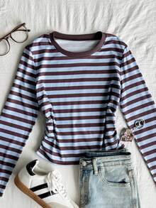SHEIN Tween Girls Autumn Blue & Brown Striped Long Sleeve T-Shirt, Casual Versatile Everyday Wear - Multicolor - View 4