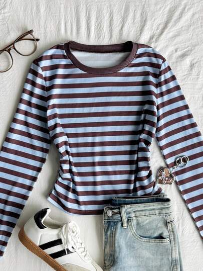 SHEIN Tween Girls Autumn Blue & Brown Striped Long Sleeve T-Shirt, Casual Versatile Everyday Wear