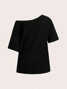 Attitoon 休閒極簡落肩女款 T-shirt，蜘蛛印花圖案，適合夏季 - 黑色 - 查看 4