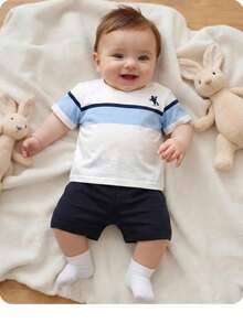 Newborn Set Striped Short Sleeve T-Shirt + Shorts 2pcs Set - Multicolor - View 3