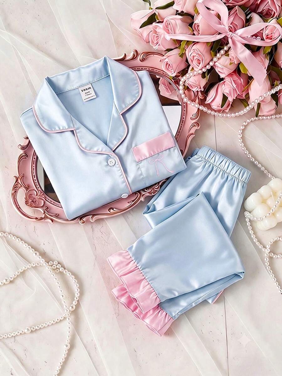 Girls' Solid Color Satin Ruffle Sleeve Long Sleeve Top And Pants With Pockets Embroidery 2-Piece Set, Spring/Autumn - Blue - View 1