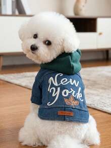 PETSIN 1pc Pet Clothing, Embroidered New York Letter Blue Pet Jacket, Comfortable Casual Jacket For Small Dogs - Blue - View 3