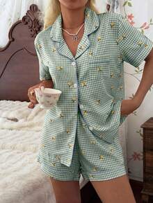 CottageSlumber Women's New Lemon Plaid Print Button-Front Short Sleeve Shorts Pajama Set - Green - View 3