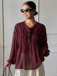 Livesso Petite Blus Wanita Elegan dengan Tali Pengikat dan Detail Kerut untuk Liburan dan Perjalanan Musim Gugur - Burgundy - View 3