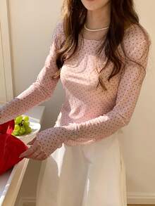 DAZY Atasan Wanita Kasual Jala Leher Bulat Lengan Panjang Motif Polkadot Musim Gugur - Baby Pink - View 4