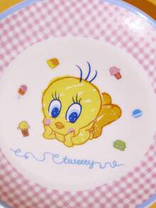 LOONEY TUNES X Joivida 1件陶瓷晚餐盤，可愛格子紋卡通印花圓形瓷盤組，微波爐適用彩色邊餐具，日系可愛裝飾甜點沙拉盤，適合兒童女孩粉絲禮物 - 彩色 - 查看 5