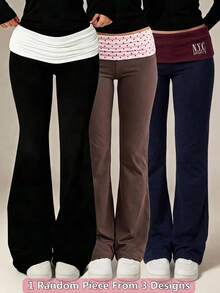 SHEIN Teen Girl Teen Girls Pants Fashionable Minimalist Slim Fit Flared Leg Long Pants (Contrast Waistband Patchwork Design, Spring Outing Outfit, Knit Material, Randomly Shipped 1pc) - Multicolor - View 2