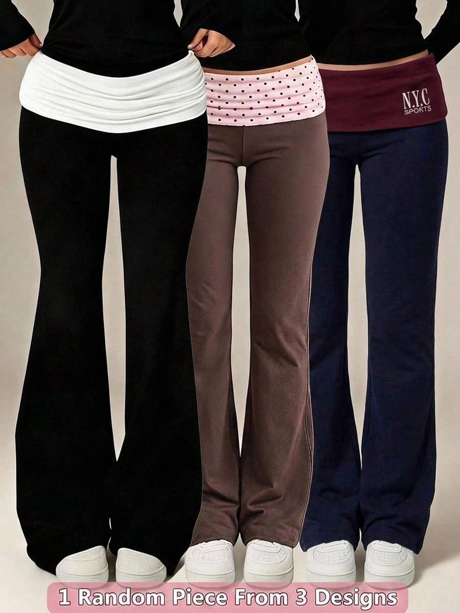 SHEIN Teen Girl Teen Girls Pants Fashionable Minimalist Slim Fit Flared Leg Long Pants (Contrast Waistband Patchwork Design, Spring Outing Outfit, Knit Material, Randomly Shipped 1pc) - Multicolor - View 1