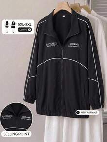SHEIN CURVE+ Plus Size Casual Smart Contrast Trim Letter Print Jacket, 90s Style Jacket, Autumn Winter, 2026 22W - Black - View 10